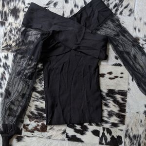 boutique off the shoulder tulle cross shirt